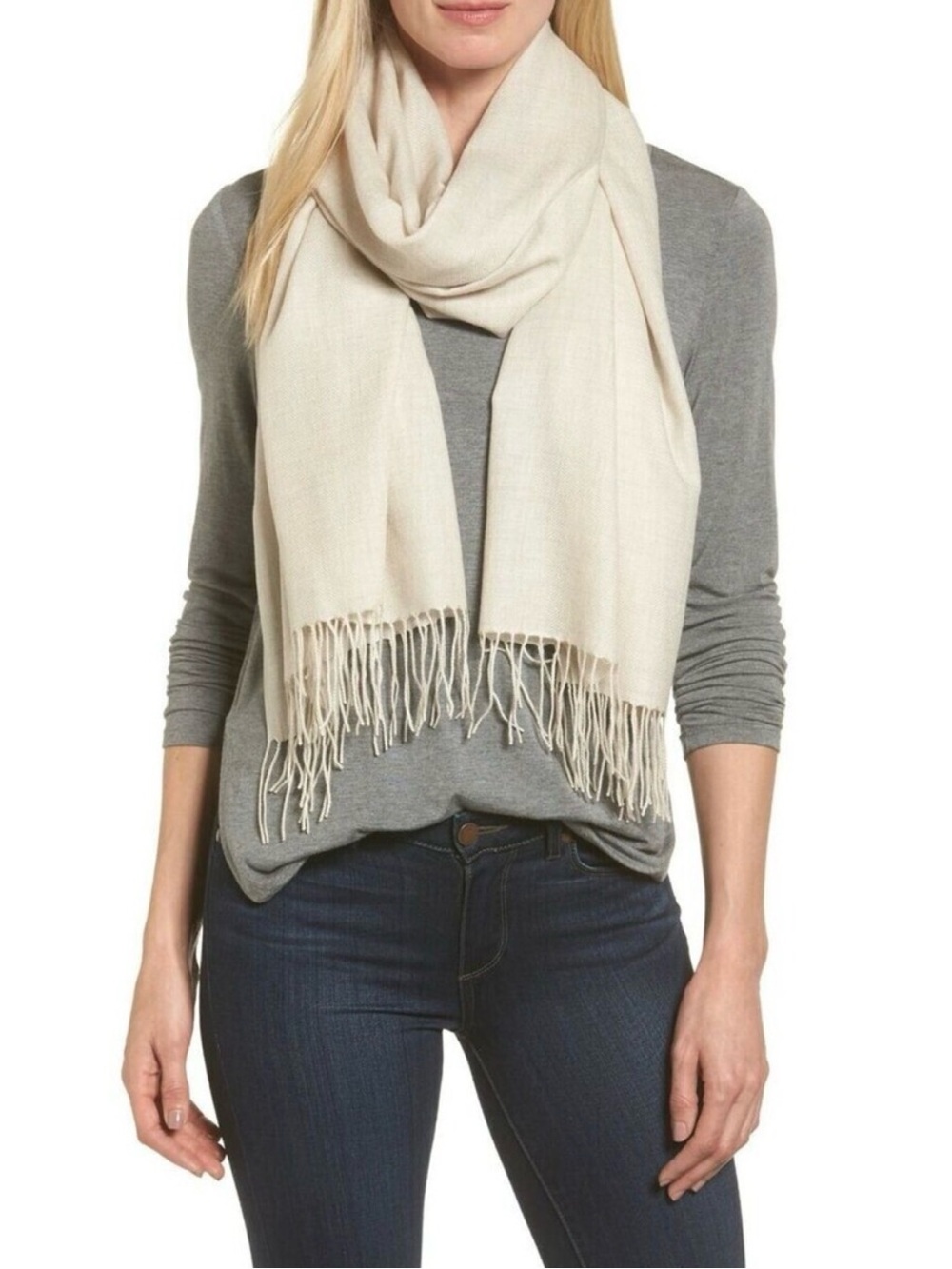 Nordstrom Tissue Weight Wool & Cashmere Scarf Beige Oatmeal Heather NWT Fringe
